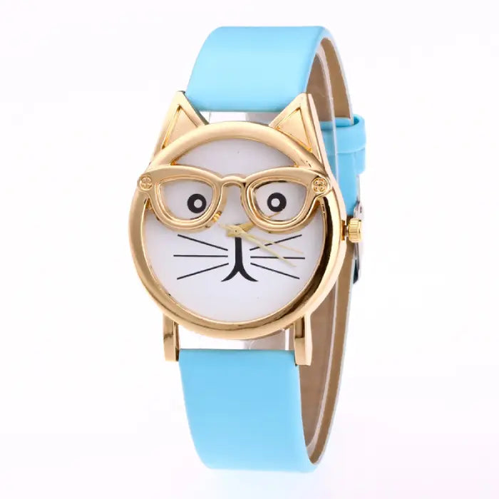 Eye-catching blue strap gold wristwatch with cat-ear design and a cat face dial for unique style appeal.