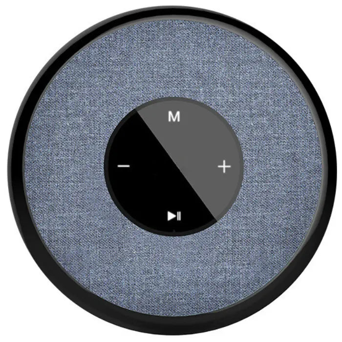 Circular smart speaker with blue denim-like fabric cover and black touch control panel for audio playback