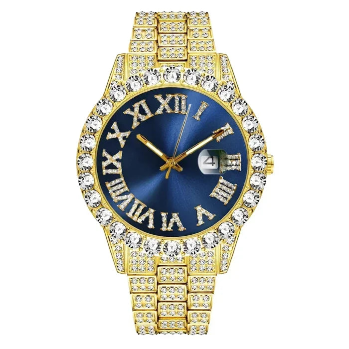 Stylish blue dial luxury watch with gold detailing and radiant crystals.