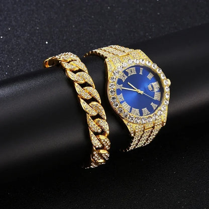 Elegant blue dialed gold watch with detailed crystal embellishments on black.