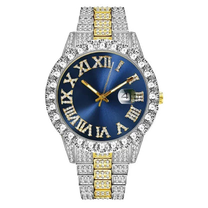 Stunning gold watch with blue dial and studded diamonds, luxurious style.