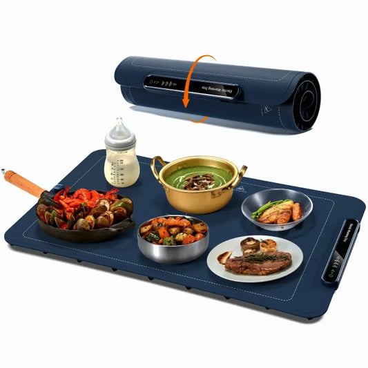 Blue electric warming tray with rolled storage, displaying various dishes like seafood and soup.