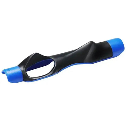 Detailed view of black and blue ergonomic golf grip highlighting curved shape and finger hole