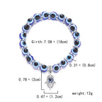 Blue evil eye bracelet with Hamsa charm showing detailed dimensions and weight for accurate sizing.