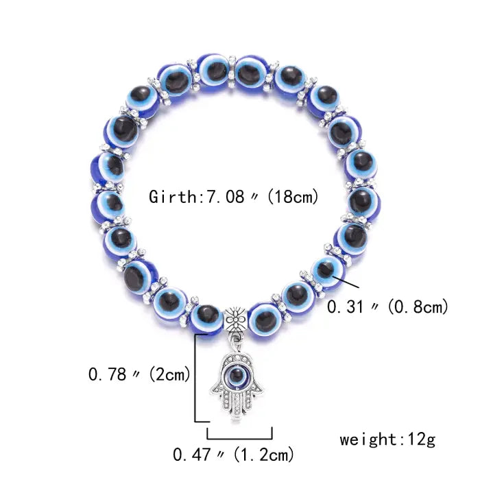 Blue evil eye bracelet with Hamsa charm showing detailed dimensions and weight for accurate sizing.