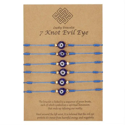 Blue 7-knot evil eye bracelets symbolizing protection and positivity against harmful energies.