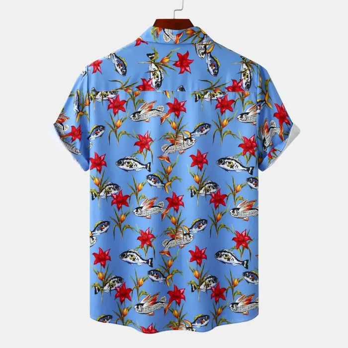 Blue fish print shirt men back view showing vibrant red flowers and fish pattern perfect for beach outfits