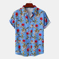 Blue fish print shirt men casual summer style with red floral accents and short sleeves for beach wear