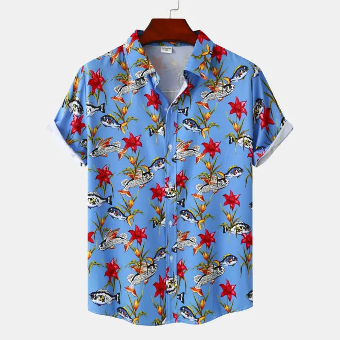 Blue fish print shirt men casual summer style with red floral accents and short sleeves for beach wear