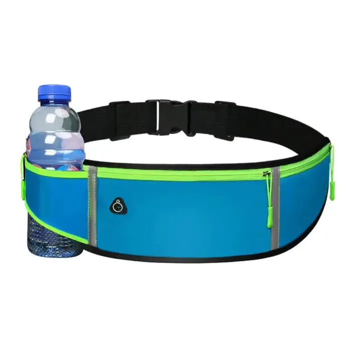 Blue running belt with water bottle holder, black adjustable strap, and neon green zipper accents for fitness activities