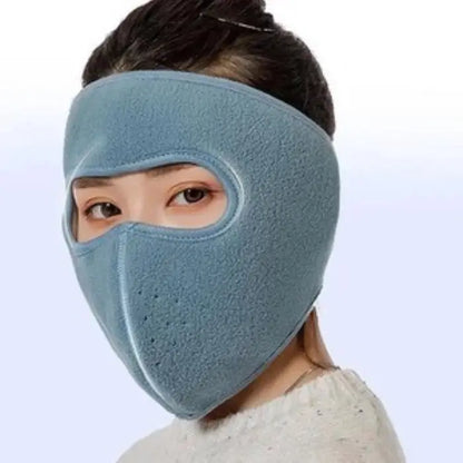 Blue fleece face mask for women offering stylish and breathable cold weather protection.