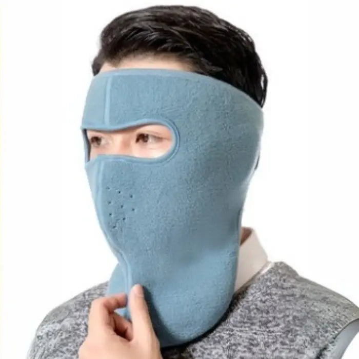 Blue full-coverage fleece mask for men providing warmth and comfort in winter outdoor environments.