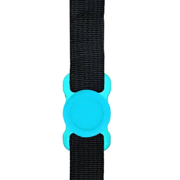 Blue GPS Tracker wristband holder on a black strap, offering a secure and trendy device attachment.