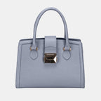 Professional blue grey leather handbag featuring geometric silver clasp and double reinforced handles