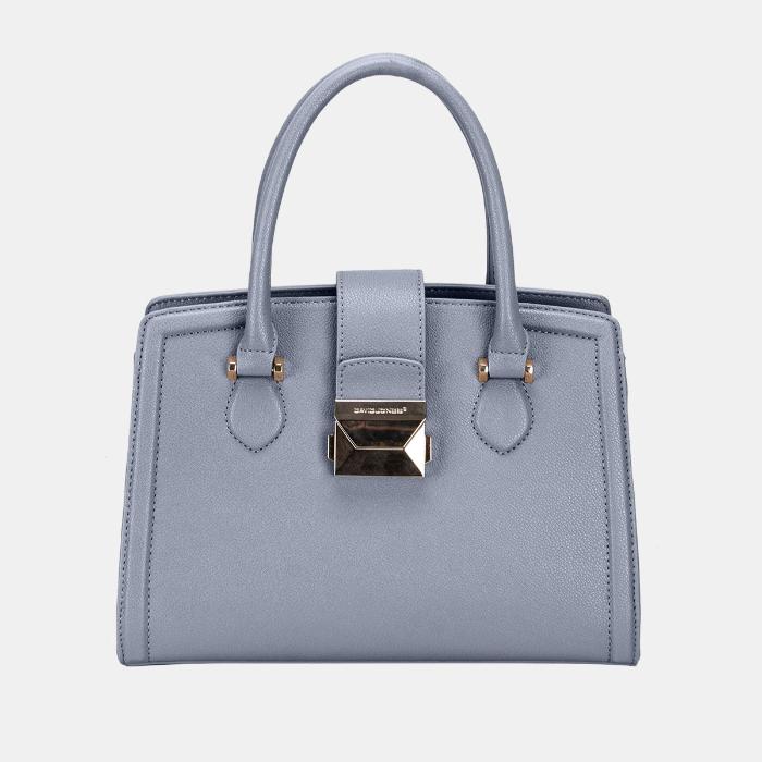 Professional blue grey leather handbag featuring geometric silver clasp and double reinforced handles