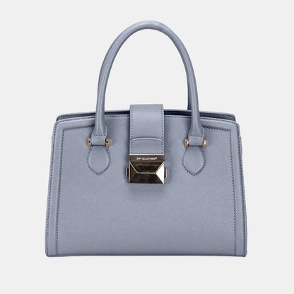 Professional blue grey leather handbag featuring geometric silver clasp and double reinforced handles