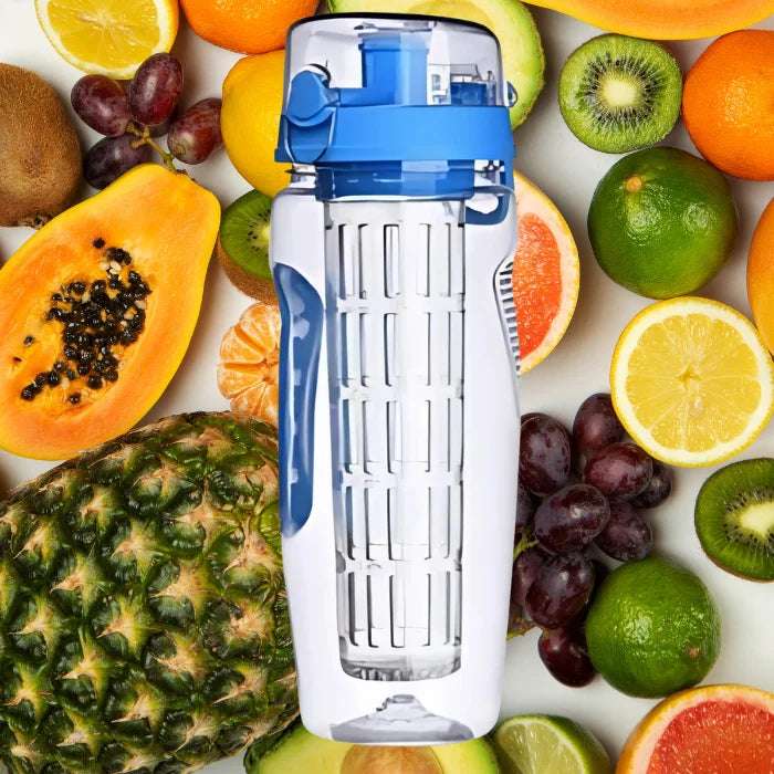  Portable fruit infuser water bottle surrounded by fresh tropical fruits for natural flavored hydration and healthy lifestyle