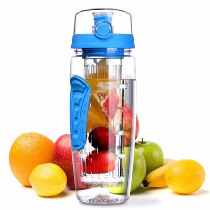 Blue 32oz fruit infuser water bottle filled with fresh fruits for enhanced water taste.