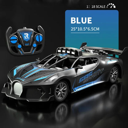 Large blue remote control racing car with perforated hood, LED lights, and matching controller.