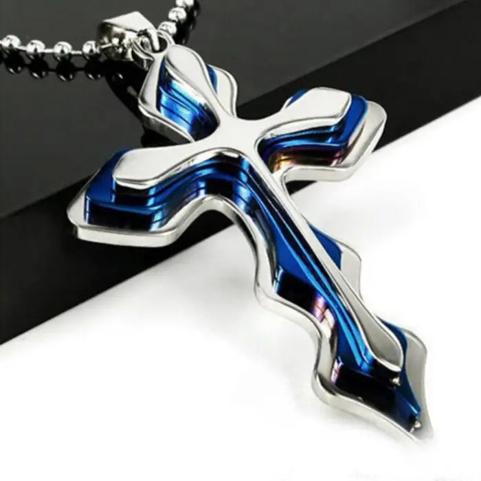 Blue-layered cross pendant necklace with a metallic finish, a bold and unique men's religious design.