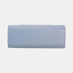 Bottom panel view of structured blue leather handbag
