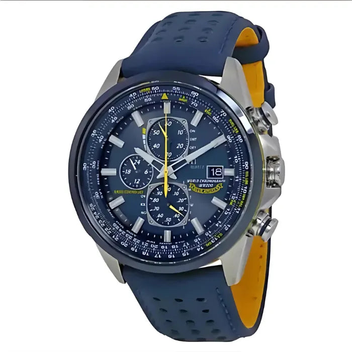 Luxury chronograph watch with navy blue leather strap, silver case, blue dial, and yellow hands featuring multiple subdials