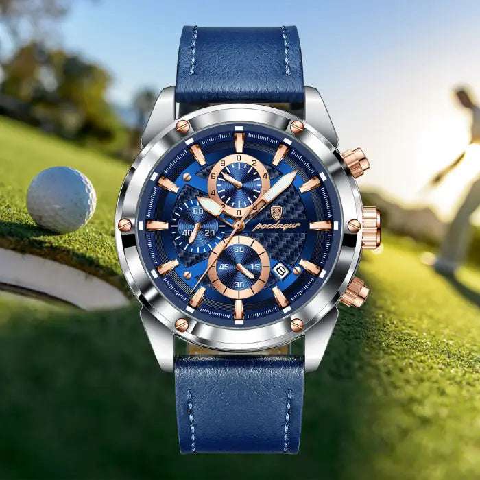 High-end leather watch with a blue strap, rose gold details, and chronograph design, set against a golf course background.