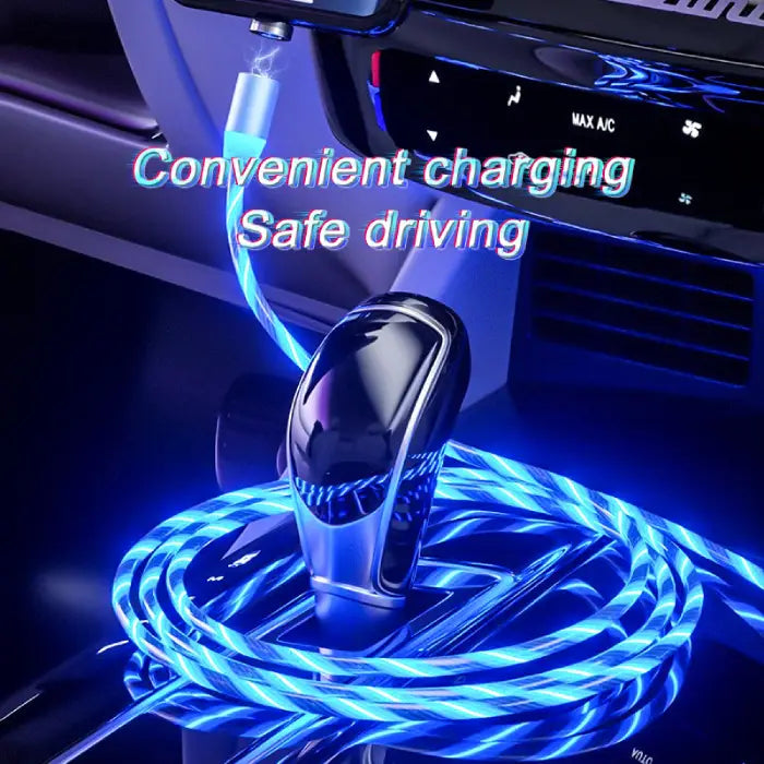 Blue LED magnetic charging cable used in a car, ensuring safe and convenient mobile charging.