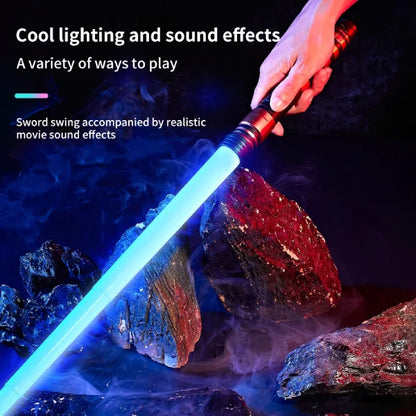 A blue glowing light sword with sound effects, shown being held over smoky rocks in a dramatic setting.