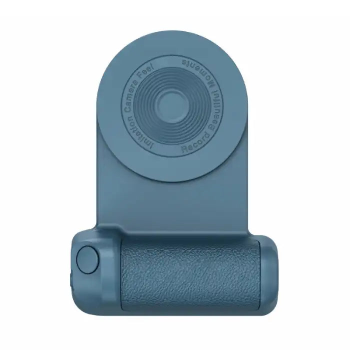  Multifunctional phone grip/stand with magnetic camera handle in matte blue finish with button.
