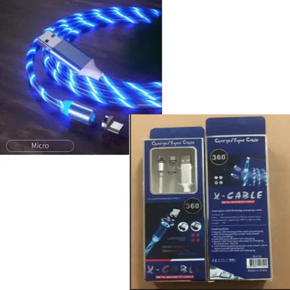 Blue LED magnetic USB cable with micro USB connector displayed alongside retail packaging.