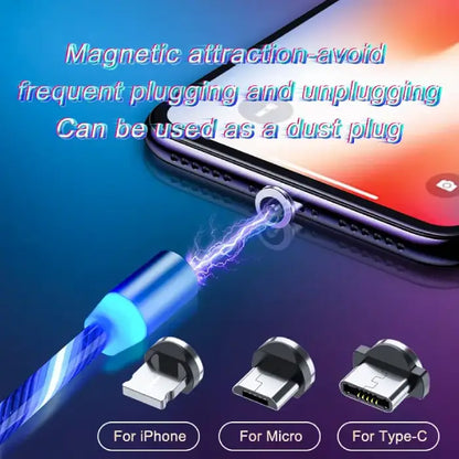 Magnetic charging cable with blue LED glow, showing connectors for iPhone, Micro, and Type-C devices.