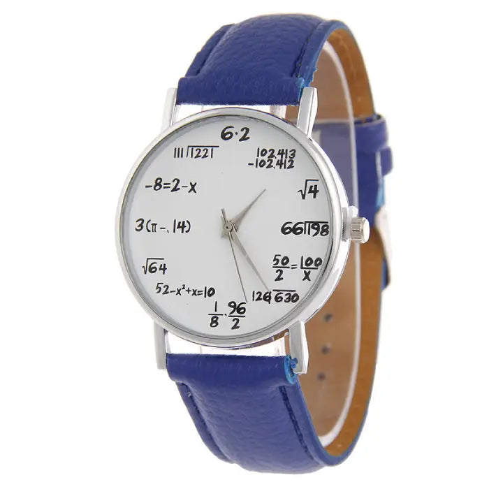 Royal blue leather wristwatch with white dial displaying mathematical equations for a distinctive design.