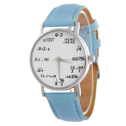 Blue-strapped analog wristwatch with white dial featuring creative math equations for a unique look.