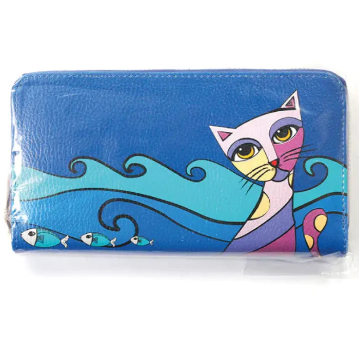 Stylish blue leather wallet with artistic cat illustration and decorative ocean wave pattern, perfect for trendy fashion accessories