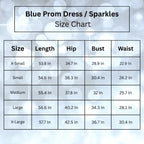 Blue prom dress size chart showing detailed measurements for XS to XL sizes including length, hip, bust and waist dimensions.