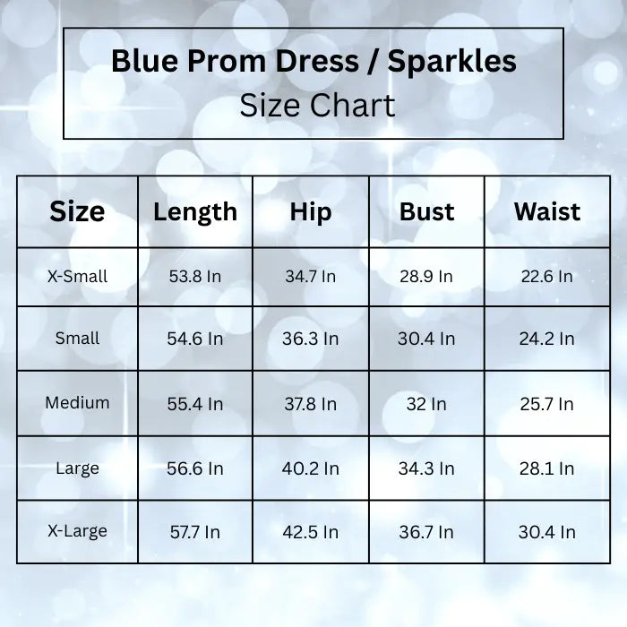 Blue prom dress size chart showing detailed measurements for XS to XL sizes including length, hip, bust and waist dimensions.