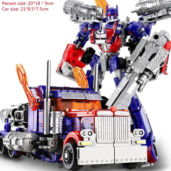 Optimus Prime blue and red transforming robot holding a weapon, shown with its detailed truck mode in front.