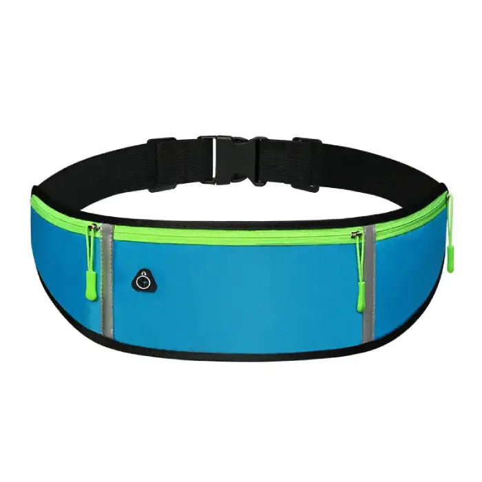 Bright blue running belt with neon green zipper and trim, adjustable black strap, and reflective logo