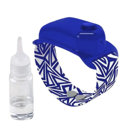 Blue hand sanitizer wristband featuring a refillable bottle and geometric patterned strap for convenience.