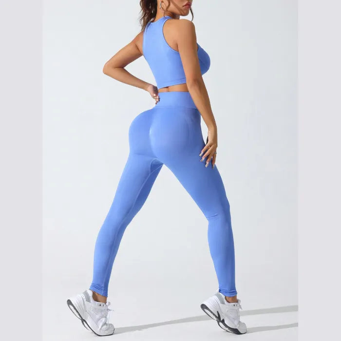 Back view of blue seamless activewear set showcasing flattering fit and style, ideal for workout wear.