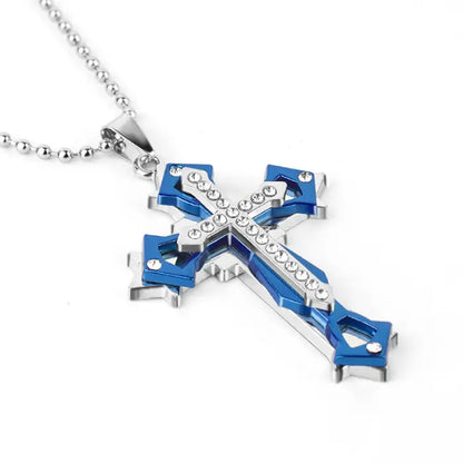 Blue and silver cross pendant necklace with crystal detailing, an elegant choice for men's faith jewelry.