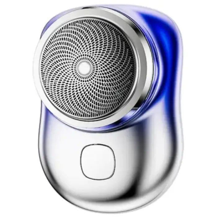 Stylish blue and silver electric shaver featuring circular mesh head, ergonomic design, and single button interface