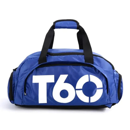 Blue sports duffel bag with white logo, black handles, and multiple compartments, ideal for gym or travel purposes