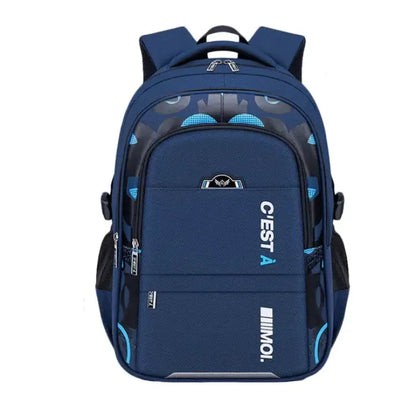 Navy blue backpack with light blue accents, multiple compartments, and side pockets for school use