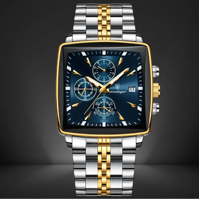 blue and gold chronograph watch featuring a square dial, multifunctional sub-dials, and a stainless steel strap