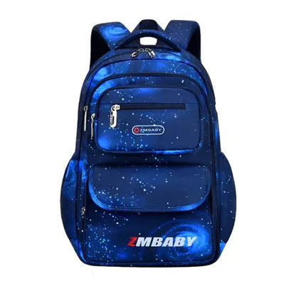 Navy blue backpack with starry night pattern, multiple zippered compartments, and padded straps