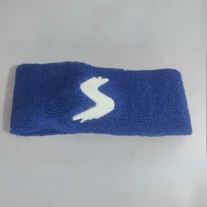 Blue terry cloth sweatband featuring a white logo, suitable for workout and sports sweat absorption.