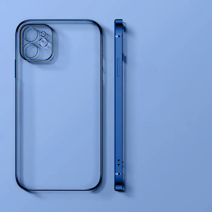 Stylish blue transparent phone case with slim design and precise cutouts displayed on a soft blue surface.