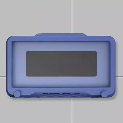 Blue rectangular wall-mounted electronic device with dark display screen and ventilation holes on bottom edge.